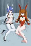  2girls absurdres animal_ears arm_support ayanami_rei bare_legs barefoot bed_sheet blue_eyes blue_hair blush boots breasts cleavage closed_mouth cola-alter covered_navel elbow_gloves fake_animal_ears gloves highres leotard long_hair looking_at_viewer maebari medium_breasts meme_attire multiple_girls navel neon_genesis_evangelion nude on_bed parted_lips pasties rabbit_ears red_eyes red_gloves red_leotard reverse_bunnysuit reverse_outfit short_hair shrug_(clothing) sitting souryuu_asuka_langley strapless strapless_leotard thigh_boots two_side_up very_long_hair white_footwear white_gloves 