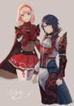  1boy 1girl alcryst_(fire_emblem) armor ascot bangs blue_hair braid breastplate cape covered_navel fire_emblem fire_emblem_engage gloves hair_between_eyes hair_ornament hair_ribbon hairband hairclip highres lapis_(fire_emblem) long_sleeves looking_at_viewer pantyhose pink_eyes pink_hair purple_hair red_armor red_eyes red_hairband ribbon shirt short_hair side_braid swept_bangs thighhighs two-tone_hairband upper_body vest white_ascot white_ribbon white_shirt wspread 