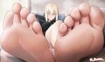  1girl absurdres artoria_pendragon_(fate) barefoot black_jacket black_shirt cellphone couch fate/grand_order fate_(series) feet foot_focus footer@unyaaan hair_between_eyes highres jacket looking_at_phone on_couch phone pillow saber_alter saber_alter_(ver._shinjuku_1999)_(fate) shirt smartphone soles solo toes yellow_eyes 