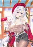  1girl aran_sweater azur_lane bare_shoulders belfast_(azur_lane) belfast_(shopping_with_the_head_maid)_(azur_lane) beret black_bow black_choker black_skirt bow brown_pantyhose brown_sweater cable_knit choker commentary_request cowboy_shot earrings food food_in_mouth hands_up hat hat_bow highres holding jewelry long_hair long_sleeves looking_at_viewer miniskirt off-shoulder_sweater off_shoulder pantyhose pencil_skirt pocky purple_eyes purplepencil red_headwear shawl skirt solo standing sweater thighs traditional_media very_long_hair white_hair 