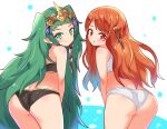  2girls :o ass black_bra black_panties bra cougar_(cougar1404) fire_emblem fire_emblem:_radiant_dawn fire_emblem:_three_houses green_eyes green_hair long_hair looking_at_viewer looking_back multiple_girls orange_eyes orange_hair panties ribbon_braid simple_background smile sothis_(fire_emblem) underwear very_long_hair white_bra white_panties yune_(fire_emblem) 