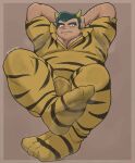  2023 belly big_belly blush bodily_fluids bragotiger bulge clothed clothing feet hi_res horn horned_humanoid humanoid lum&#039;s_father male musk overweight overweight_male solo sweat urusei_yatsura 