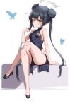  1girl bangs bare_arms bare_shoulders black_dress black_footwear black_hair blue_archive blush breasts butterfly_hair_ornament china_dress chinese_clothes closed_mouth crossed_legs double_bun dragon_print dress full_body grey_eyes hair_bun hair_ornament halo highres kisaki_(blue_archive) kokuto_(kurousagi1210) legs long_hair looking_at_viewer print_dress short_dress side_slit sidelocks simple_background sitting sleeveless sleeveless_dress small_breasts solo thighs twintails white_background 