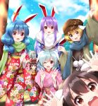  6+girls alternate_costume animal_ears arm_up ascot back_bow bangs belt blonde_hair blue_bow blue_hair blue_kimono blue_sky blush bow breasts brown_belt brown_eyes brown_hair brown_headwear brown_kimono brown_scarf cloud cloudy_sky commentary_request day detached_sleeves double_v floral_print frills fur_trim green_jacket green_scarf hair_between_eyes hair_ornament hair_tubes hakurei_reimu hakurei_shrine hand_up hands_up hat highres inaba_tewi jacket japanese_clothes kimono light_blue_hair long_hair long_sleeves looking_at_viewer medium_breasts medium_hair multiple_girls on_ground one_eye_closed open_clothes open_jacket open_mouth outdoors own_hands_together pink_scarf pom_pom_(clothes) purple_hair rabbit_ears rabbit_girl red_bow red_eyes red_kimono red_shirt red_skirt reisen_(touhou_bougetsushou) reisen_udongein_inaba ringo_(touhou) ruu_(tksymkw) scarf seiran_(touhou) shirt short_hair shrine sidelocks sitting skirt skirt_set sky smile snow standing teeth tongue torii touhou tree twintails v white_belt white_bow wide_sleeves yellow_ascot yellow_belt 