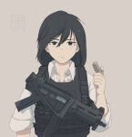  1girl bangs black_eyes black_hair bulletproof_vest closed_mouth collarbone collared_shirt commentary_request etmc1992 gun highres holding holding_lighter lighter long_hair looking_at_viewer original shirt sleeves_rolled_up solo tactical_clothes weapon weapon_request white_shirt 