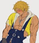  abs blonde_hair blue_overalls blush bukkake_rice closed_eyes cropped_jacket dissidia_012_final_fantasy dissidia_final_fantasy earrings final_fantasy final_fantasy_i final_fantasy_ii final_fantasy_ix final_fantasy_viii final_fantasy_x final_fantasy_x-2 highres jacket jewelry kingdom_hearts large_pectorals male_focus muscular muscular_male necklace open_clothes open_jacket overalls pectorals tidus veins yellow_jacket 