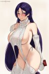  1girl absurdres bare_shoulders blue_eyes blush breasts closed_mouth detached_sleeves fate/grand_order fate_(series) grey_background highres hioyami large_breasts long_hair looking_at_viewer minamoto_no_raikou_(fate) navel patreon_username purple_eyes purple_hair simple_background sleeveless sleeveless_turtleneck smile solo sweater thighhighs turtleneck turtleneck_sweater very_long_hair virgin_destroyer_sweater white_sleeves white_sweater white_thighhighs 