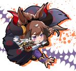  1girl 2-kuchi_kama animal_ears black_choker blush brown_hair cape chain choker claw_pose drop_shadow grin hand_puppet horns horse_ears horse_girl horse_tail long_sleeves looking_afar multicolored_hair puppet purple_eyes purple_skirt shinko_windy_(burst_out!_the_demon_king&#039;s_army_of_terror)_(umamusume) shinko_windy_(umamusume) short_hair skirt smile solo streaked_hair tail torn_cape torn_clothes umamusume v-shaped_eyebrows 