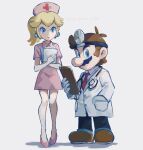  1boy 1girl black_pants blonde_hair blue_eyes boots brown_footwear brown_hair clipboard dr._mario_(game) dress facial_hair gloves hat high_heels highres holding holding_clipboard labcoat mario mario_(series) mustache necktie nurse_cap nurse_peach pants pink_dress pink_footwear princess_peach red_necktie simple_background stethoscope white_background white_gloves ya_mari_6363 