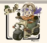  1girl absurdres brown_footwear brown_gloves copyright_name dr._slump driving eyelashes glasses gloves goggles goggles_on_headwear green_pants ground_vehicle hageourzee helmet highres jacket motor_vehicle motorcycle norimaki_arale open_mouth pants purple_eyes purple_hair solo teeth upper_teeth_only 