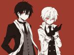  2boys alternate_costume bangs black_gloves black_hair black_necktie black_suit bookcage bright_pupils buttons closed_mouth coat collared_coat collared_dress colored_eyelashes commentary double-breasted dress dress_shirt facial_mark formal gloves grey_jacket hair_between_eyes hand_on_hip jacket kagerou_project kisaragi_shintarou konoha_(kagerou_project) lapels limited_palette long_bangs long_sleeves looking_at_hands looking_away looking_to_the_side mekakucity_actors multiple_boys necktie notched_lapels pale_skin putting_on_gloves red_background red_eyes shirt short_hair short_ponytail simple_background suit suit_jacket upper_body waistcoat white_coat white_pupils white_shirt wing_collar 