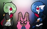  2023 3_fingers anthro black_sclera blue_hair brown_body brown_fur clothed clothing fingers fur gardevoir generation_3_pokemon generation_4_pokemon gradient_background green_hair group hair hair_over_eye hand_on_hip humanoid looking_at_another lopunny male malegardevoir multicolored_body multicolored_fur nintendo one_eye_obstructed pink_body pink_eyes pink_fur pokemon pokemon_(species) red_eyes simple_background smile smirk trio two_tone_body two_tone_fur 