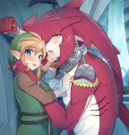  2boys bangs blonde_hair blue_eyes blush colored_skin fish_boy from_side green_shirt green_skirt highres imminent_kiss jewelry link long_hair looking_at_viewer male_focus monster_boy multicolored_skin multiple_boys open_mouth pointy_ears red_skin sharp_teeth shirt sidon skirt smile teeth the_legend_of_zelda the_legend_of_zelda:_breath_of_the_wild ttanuu. yaoi zora 
