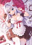  1girl :d aina_rive animal_ear_fluff animal_ears antenna_hair apron bed_sheet bell black_choker black_dress black_sleeves blue_eyes bow breasts candy cat_ears cat_girl cat_tail chocolate choker cleavage collarbone commentary detached_sleeves dress english_commentary english_text food frilled_apron frilled_pillow frills grey_hair hair_bow hair_intakes heart heart-shaped_chocolate heterochromia holding holding_food jingle_bell large_breasts long_hair looking_at_viewer lying maid_headdress mauve neck_bell on_back original pillow puffy_short_sleeves puffy_sleeves red_bow short_sleeves smile solo striped striped_bow tail thighhighs very_long_hair white_apron white_thighhighs yellow_eyes 
