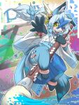  1girl :3 animal_ear_fluff animal_ears animal_feet animal_nose anklet arm_up bangs barefoot between_legs blue_fur blue_hair blue_hakama blue_ribbon blush body_fur bracelet character_name commentary_request copyright_name crossed_bangs fang feet flat_chest fox_ears fox_girl fox_tail full_body furry furry_female hair_between_eyes hair_ornament hair_ribbon hakama hakama_skirt hand_up happy highres holding holding_stylus japanese_clothes jewelry kame_(3t) kimono leg_up legs long_hair long_sleeves looking_at_viewer multicolored_background multicolored_fur multicolored_hair necklace one_eye_closed open_mouth outline outstretched_arm oversized_object paint_tube partial_commentary pixelated pixiv pixiv-tan pixiv_logo ponytail reaching_towards_viewer ribbon ribbon_trim rope sash see-through shimenawa sidelocks skirt smile snout solo spread_fingers stylus tail thigh_strap two-tone_hair white_fur white_kimono white_outline wide_sleeves yellow_eyes 