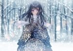 1girl absurdres arms_at_sides bangs black_hair blurry blurry_background brown_coat coat commentary_request fireworks hair_between_eyes highres long_hair looking_at_viewer original parted_lips purple_eyes sakura_(39ra) scarf scenery snow snowing solo standing tree white_scarf winter winter_clothes 