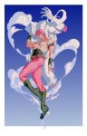  1boy abs alternate_color alternate_costume animal_ears ashva ass birthmark boots cloud corset dio_brando eyeshadow full_body highres joestar_birthmark jojo_no_kimyou_na_bouken long_hair looking_back makeup male_focus muscular muscular_male nipple_piercing nipples pants pectorals piercing pink_eyeshadow pink_hair pink_lips pink_nails pink_pants scar scar_on_neck smile stand_(jojo) the_world wristband 