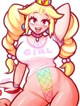  1girl arm_behind_head artist_name bimbo_peach blush borrowed_design cameltoe covered_navel crown fishnets highleg highres looking_at_viewer mario_(series) open_mouth pink_nails princess_peach print_shirt shirt short_sleeves simple_background smile solo_focus toad_(mario) tsuvida white_background white_shirt 
