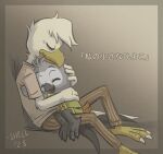  2023 african_grey afrotropical_parrot anthro arm_tuft avian barefoot beak bird black_tail_feathers boyd_(character) brown_background brown_clothing chicken claws clothing cuddling dated disney ducktales ducktales_(2017) duo elbow_tuft embrace father father_and_child father_and_son feathers feet galliform gallus_(genus) gradient_background green_clothing grey_beak grey_body grey_feathers grey_feet grey_legs grey_tail_feathers gyro_gearloose head_tuft heel_claw holding_character hug japanese_text male orange_beak orange_feet pajama_bottoms pajama_pants pajama_shirt pajamas parent parent_and_child parent_and_son parrot phasianid red_body red_feathers scuted_feet scuted_legs scutes shellyochunks shirt signature simple_background son t-shirt talons tan_background tan_body tan_clothing tan_feathers tan_tail_feathers text toe_claws topwear true_parrot tuft white_body white_feathers white_tail_feathers yellow_beak yellow_clothing yellow_feet 