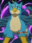  2023 absurd_res artist_name avian beak blue_eyes digital_media_(artwork) feral front_view gallus_(mlp) gryphon hasbro hi_res holster looking_at_viewer my_little_pony mythological_avian mythology solo weapon wings winick-lim 