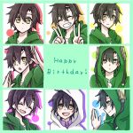  ! 1boy ^_^ black_hair casual closed_eyes closed_mouth collared_shirt dot_mouth double_v english_text expressionless expressions from_side frown glaring green_hoodie hair_between_eyes hair_ornament hairclip happy_birthday hood hood_down hood_up hoodie jitome kagerou_project kanako-n-03-04 light_blue_background looking_at_viewer looking_back mekakucity_actors multiple_views open_mouth portrait purple_shirt seto_kousuke shirt short_hair smile t-shirt teeth unamused upper_body v variations white_hoodie white_shirt yellow_eyes 
