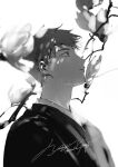 1boy absurdres bangs blurry branch closed_mouth dappled_sunlight depth_of_field flower from_side frown greyscale highres japanese_clothes kimono looking_away looking_up male_focus mob_psycho_100 monochrome portrait profile reigen_arataka ruilibing short_hair signature simple_background solo sunlight 