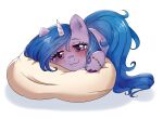 blue_hair blue_tail blush bracelet equid equine eyelashes female feral hair hasbro hi_res hooves horn izzy_moonbow_(mlp) jewelry long_hair looking_at_viewer mammal mlp_g5 my_little_pony pillow ponchik_art purple_body purple_eyes purple_hooves smile solo tail tired unicorn unicorn_horn 
