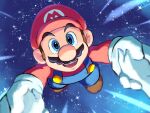  1boy blue_eyes blue_overalls boots brown_footwear brown_hair facial_hair gloves hat holding_hands mario mario_(series) mustache open_mouth overalls red_headwear red_shirt shirt space teeth upper_teeth_only white_gloves ya_mari_6363 