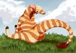  ambiguous_gender anthro belly big_belly big_butt blue_sky brown_eyes butt cloud giraffe giraffid glistening glistening_eyes grass hybrid mammal markings nude orange_body outside plant roobin sitting sky solo striped_back striped_legs striped_markings striped_neck striped_tail stripes tail tail_markings three-quarter_view 