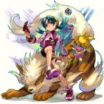  1girl arcanine bangs bike_shorts blue_eyes blue_hair earrings friend_ball hat heavy_ball ichiko_milk_tei jacket jewelry kris_(pokemon) love_ball necklace poke_ball pokedex pokegear pokemon pokemon_(creature) pokemon_adventures red_shirt shirt smoochum star_(symbol) star_earrings star_necklace turtleneck twintails yellow_headwear 