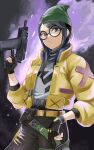  1girl absurdres beanie belt black_gloves black_hair black_pants brown_eyes commentary_request ear_piercing fengling_(furin-jp) glasses gloves green_headwear gun hair_behind_ear hat highres holding holding_gun holding_weapon jacket killjoy_(valorant) long_hair looking_at_viewer pants partially_fingerless_gloves piercing round_eyewear solo turtleneck valorant weapon yellow_belt yellow_jacket 