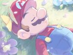  1boy blue_flower blue_overalls bug butterfly closed_eyes facial_hair flower hat highres lying mario mario_(series) mustache on_back on_grass overalls purple_flower red_headwear red_shirt shirt ya_mari_6363 yellow_butterfly 