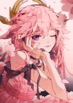  1girl alternate_costume animal_ears artist_name bangs bare_shoulders black_ribbon closed_mouth dress floppy_ears fox_ears frilled_dress frills genshin_impact hair_between_eyes hand_on_own_cheek hand_on_own_face highres jewelry long_hair looking_at_viewer one_eye_closed pink_dress pink_hair pink_nails purple_eyes ribbon ring solo strapless strapless_dress upper_body yae_miko yeurei 