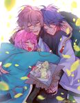  3boys ahoge amemura_ramuda androgynous arisugawa_dice blush bouquet brown_hair closed_eyes fling_posse flower highres holding holding_bouquet hug hypnosis_mic long_hair long_sleeves looking_at_viewer magi_rui2 male_focus multiple_boys open_mouth pink_hair purple_hair short_hair white_background yumeno_gentarou 