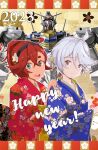  2023 2girls ahoge asaba_naoto bangs black_hairband blush commentary floral_print green_eyes grey_eyes gundam gundam_aerial gundam_suisei_no_majo hair_up hairband happy_new_year japanese_clothes kimono looking_at_viewer mecha miorine_rembran mobile_suit multiple_girls new_year red_hair robot smile suletta_mercury v-fin white_hair yukata 