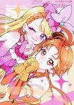  1boy bangs blonde_hair blush braid bridal_gauntlets butterfly_earrings cure_butterfly cure_wing earrings gloves hat highres hijiri_ageha hirogaru_sky!_precure jewelry long_hair magical_boy magical_girl mikan_(mikataaaa) mini_hat mini_top_hat one_eye_closed orange_eyes orange_gloves orange_hair parted_bangs pink_headwear precure puffy_short_sleeves puffy_sleeves purple_eyes short_sleeves side_braid smile top_hat 