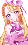  1girl :q absurdres blonde_hair blush bridal_gauntlets butterfly_earrings cure_butterfly earrings halterneck highres hijiri_ageha hirogaru_sky!_precure jewelry kuzumochi long_hair magical_girl pink_headwear pink_nails precure purple_eyes solo tongue tongue_out v_over_mouth 