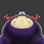  3_fingers anthro bandai_namco belly big_belly black_nose claws clothing digimon digimon_(species) digital_media_(artwork) fingers gloves handwear hi_res hyper hyper_belly imp impmon legendthedragon looking_down male open_mouth overweight overweight_anthro overweight_male pupils purple_body purple_skin simple_background small_pupils solo standing teeth toe_claws wide_eyed 