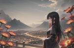  1girl ai-generated black_hair city city_lights fence flower grey_eyes horizon japanese_clothes mountain mountainous_horizon multicolored_hair non-web_source original profile red_flower red_hair river sky 