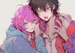  2boys ahoge amemura_ramuda black_hair blue_eyes blue_hoodie green_eyes headphones headphones_around_neck hood hood_down hoodie hypnosis_mic jacket kisaragi_koubana long_sleeves looking_at_viewer male_focus mole mole_under_eye multiple_boys pink_hair red_eyes red_jacket shirt short_hair white_background white_shirt yamada_ichirou_(hypnosis_mic) 