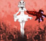  1036692563 1girl abyssal_ship bare_legs bare_shoulders black_horns chain_necklace dress highres horns jewelry kantai_collection long_hair lycoris_fubuki multicolored_horns necklace oversized_forearms oversized_limbs red_eyes red_horns webbed_hands white_dress white_hair 