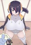  bird black_hair black_hoodie blush breasts covered_navel drawstring emperor_penguin emperor_penguin_(kemono_friends) from_above hair_over_one_eye headphones highres hood hood_down hoodie kemono_friends kemono_friends_3 large_breasts leotard nishuu_miri penguin penguin_tail petting short_hair tail thighhighs tsurime white_leotard 