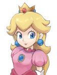  1girl blonde_hair blue_eyes crown dress elbow_gloves gloves highres long_hair looking_at_viewer mario_(series) pink_dress princess_peach simple_background upper_body white_background white_gloves ya_mari_6363 