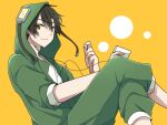  1boy bangs casual circle closed_mouth commentary digital_media_player earphones eyes_visible_through_hair feet_out_of_frame green_hoodie green_pants hair_between_eyes holding holding_digital_media_player holding_earphones hood hood_up hoodie kagerou_project kanako-n-03-04 male_focus mekakucity_actors pants seto_kousuke shirt short_hair simple_background single_earphone_removed sleeves_past_elbows solo t-shirt white_shirt yellow_background yellow_eyes 