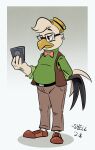  2023 alternate_form anthro avian beak belt bird black_body black_feathers black_tail_feathers bow_tie brown_clothing chicken clothing dated disney ducktales ducktales_(2017) eyewear feathers galliform gallus_(genus) glasses gradient_background green_background green_clothing grey_background gyro_gearloose hat head_tuft headgear headwear loafers male orange_beak overweight overweight_anthro overweight_male phasianid pink_clothing shellyochunks signed simple_background solo sweater tan_body tan_clothing tan_feathers tan_tail_feathers topwear tuft turtleneck white_background white_body white_feathers white_tail_feathers yellow_beak 