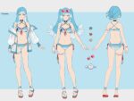  1girl absurdres ass back bare_shoulders bikini blue_bikini blue_eyes blue_hair braid clam_shell eyewear_on_head highres hololive hololive_indonesia jacket kobo_kanaeru looking_at_viewer lufi_ays ms._fortune_(skullgirls) multicolored_hair multiple_views navel sandals see-through starfish sunglasses swimsuit twintails two-tone_hair white_hair 