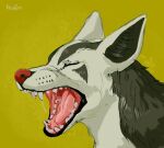  ambiguous_gender bodily_fluids canid eyes_closed fangs feral fur grey_body grey_fur mammal mouth_shot open_mouth red_nose red_tongue roobin saliva saliva_string simple_background solo teeth tongue white_body white_fur yellow_background 