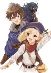  1girl 2boys :d bag bangle belt black_hair blonde_hair blue_coat blue_headwear bracelet brown_eyes brown_hair brown_vest coat dress elbow_gloves fingerless_gloves flower fur_trim gloves handbag highres jewelry long_hair looking_at_another mask miles_(octopath_traveler) mouth_mask multiple_boys octopath_traveler octopath_traveler:_champions_of_the_continent pia_(octopath_traveler) pointing pointing_forward scarf short_hair simple_background smile vest white_dress white_flower wingate_(octopath_traveler) wspread 