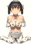  1girl animal_ears animal_print bangs bell between_breasts bikini blush breasts butter closed_mouth collar commentary_request cow_ears cow_print cowbell dated ear_tag elbow_gloves fake_animal_ears food gaki_kyonyuu gloves hairband highres kaedeko_(kaedelic) large_breasts looking_at_viewer navel neck_bell oppai_loli print_bikini print_gloves print_hairband print_thighhighs red_collar red_eyes revision sasaki_kanna_(kaedeko) short_hair signature simple_background sitting solo sweatdrop swimsuit thighhighs twintails white_background white_bikini white_gloves white_hairband white_thighhighs 