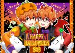  2019 2boys ahoge aki_ma_jiro aoi_kyosuke aoi_yusuke bow bowtie brothers english_text fake_horns fake_wings glasses halloween_costume horns idolmaster idolmaster_side-m long_sleeves male_focus multiple_boys open_mouth orange_eyes orange_hair pumpkin_costume purple-framed_eyewear siblings smile teeth trick_or_treat twins upper_teeth_only wings 